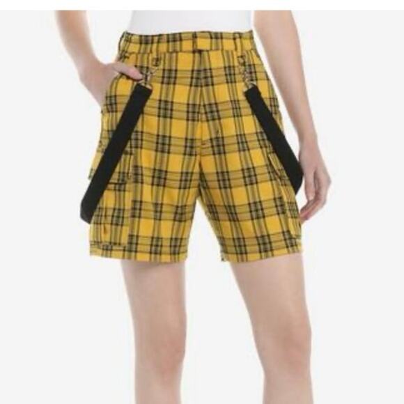 Hot Topic Yellow Black Plaid Cargo Suspender Bermuda Shorts Size Small - Picture 3 of 7